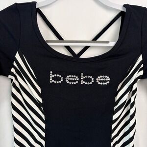 Bebe Bodycon Dress Medium Black White Striped Rhinestone Excellent